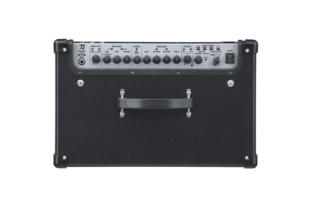 The image shows a Boss Katana guitar amplifier combo with a black textured cabinet, metal handle, and "BOSS" logo on the speaker grille. The top control panel features knobs for gain, volume, bass, mid, treble, an equalizer, effects, master volume, power switch, input jack, and amp modeling options. This solid-state amp is popular for practice, recording, and live use, offering versatile tones and built-in effects.