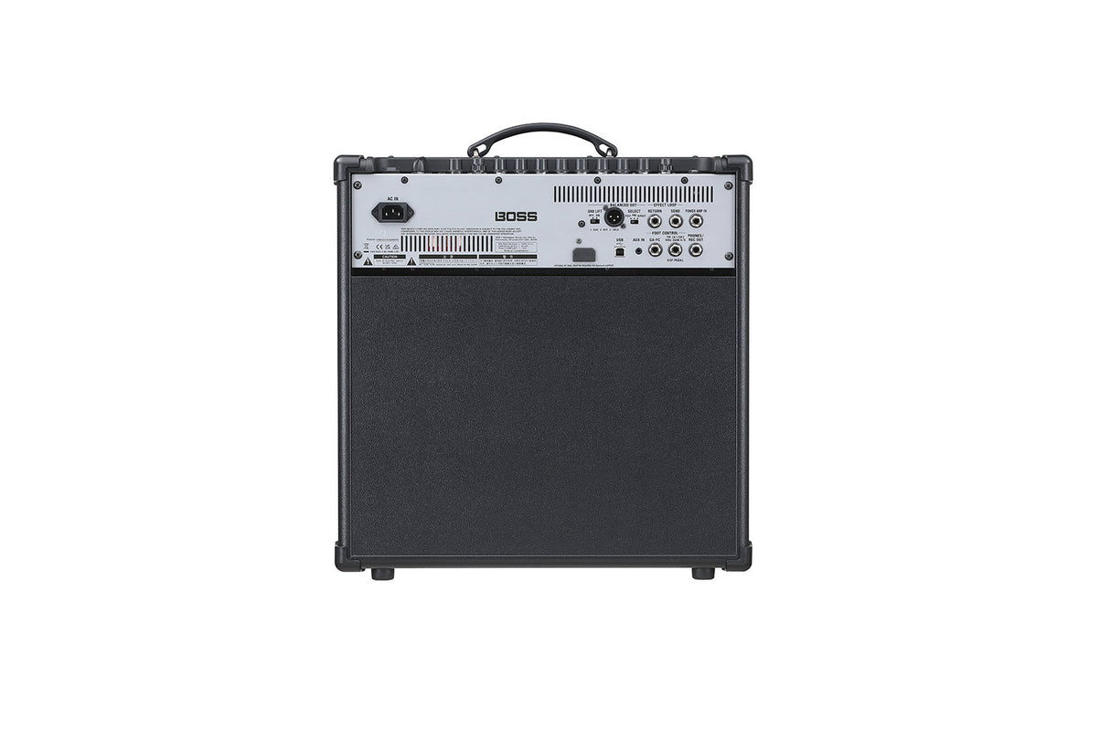 The image shows the back panel of a BOSS combo guitar amplifier with a black textured exterior and silver/gray control panel. It features the BOSS logo, multiple input/output jacks for power (AC IN), effects loops, and control connections. This solid-state amp combines compact design and reliability, suitable for practice, small venues, or studio use.