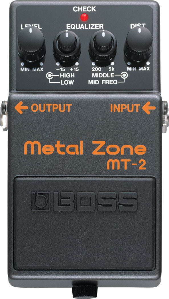 The image shows a BOSS Metal Zone MT-2 guitar effects pedal, a classic distortion/overdrive unit popular in rock and metal. It features control knobs for Level (output volume), Dist (distortion amount), and a 3-band EQ with High/Low (-15 to +15) and Mid frequency (200Hzā5kHz). A red "CHECK" LED indicates activation. The pedal has 1/4" input/output jacks and the BOSS logo, known for heavy distortion and tone shaping.