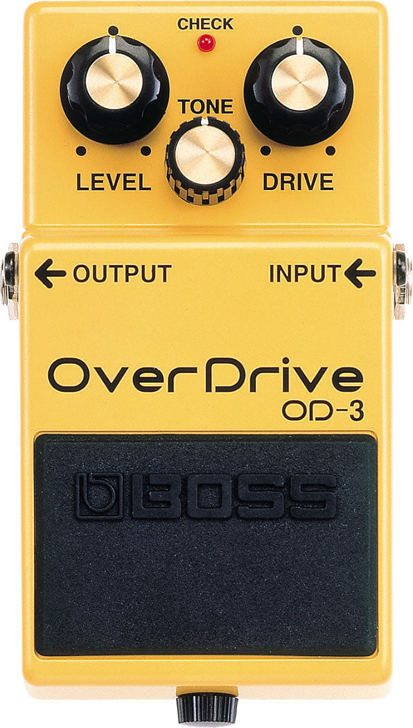 The image shows a BOSS OverDrive OD-3 guitar effects pedal with three knobs: LEVEL (output volume), TONE (tone control), and DRIVE (overdrive amount). It features a red CHECK LED, input jack on the right, output jack on the left, and a bright yellow/orange metal housing with the BOSS logo. The pedal produces warm, natural overdrive tones and is widely used for reliable distortion effects.