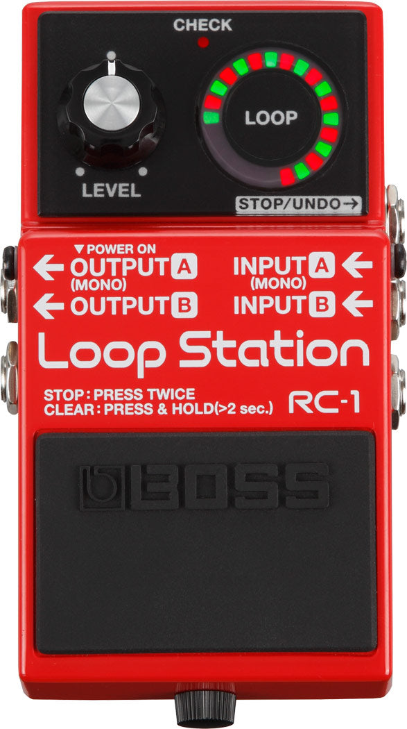 The image shows a Boss RC-1 Loop Station, a compact red guitar effects pedal for looping and layering audio. It features a LEVEL knob, circular LED ring with red and green lights around the LOOP area, a CHECK indicator, and a STOP/UNDO button. It has mono inputs A and B, outputs A and B, and a power input. The footswitch records, plays, stops, or clears loops, making it popular for live performance and creative layering.