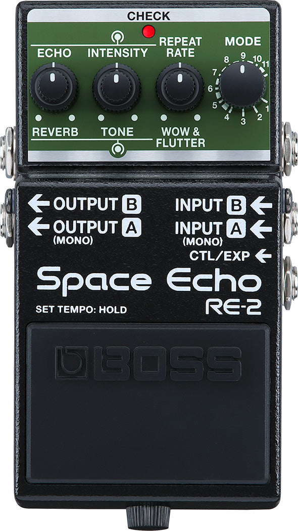 The image shows a BOSS Space Echo RE-2 guitar effects pedal, designed to recreate vintage tape delay and echo sounds. It features control knobs for Echo, Intensity, Repeat Rate, Mode (1-11), Reverb, Tone, and Wow & Flutter. The pedal includes multiple input/output jacks, stereo outputs, an expression pedal input, a check light, and tempo settings, popular for producing classic space echo effects.