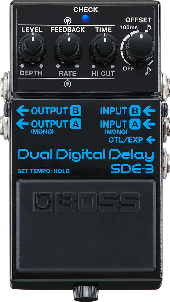 The image shows a Boss SDE-3 Dual Digital Delay pedal featuring Level, Feedback, Time, Depth, Rate, Hi Cut, and Offset controls, plus a check LED. It has dual mono inputs and outputs (Output A is mono) and a CTL/EXP jack for external pedals. Key features include tap tempo, stereo delay, and digital processing. Designed for guitarists and musicians seeking advanced, professional delay effects with flexible routing options.