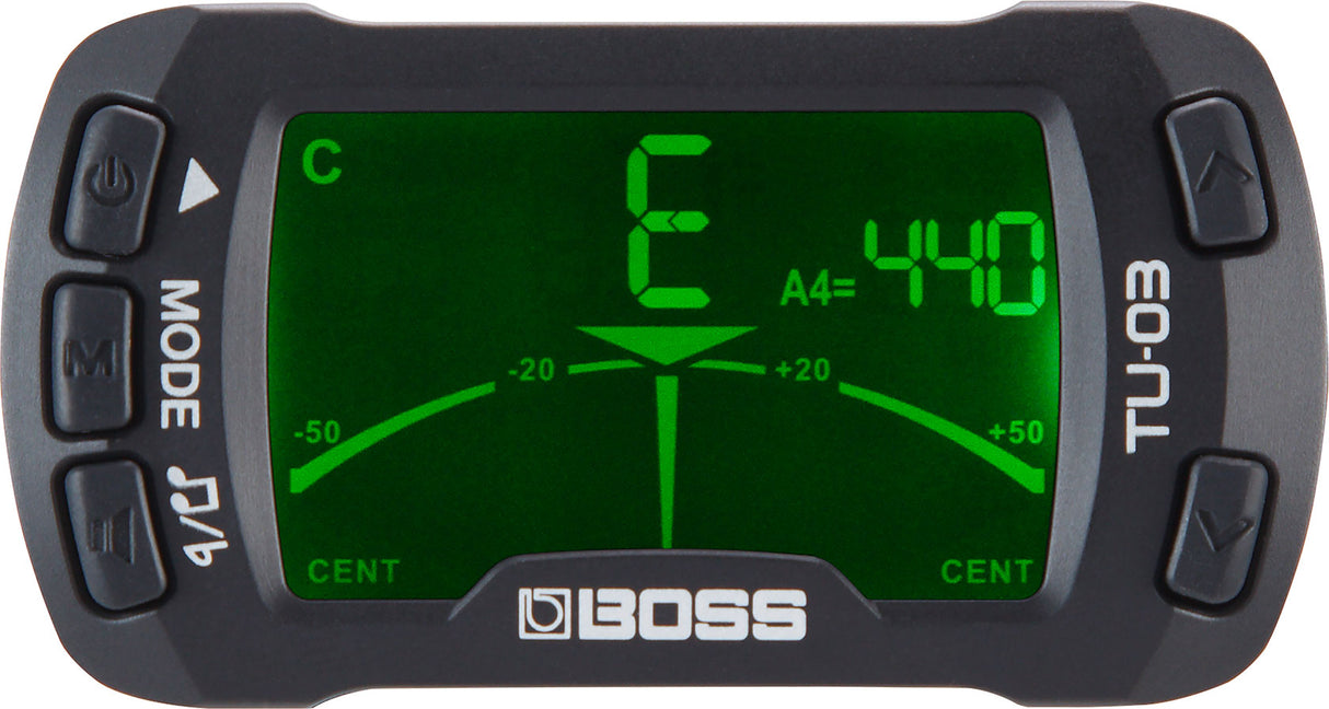 The image shows a BOSS TU-3 chromatic tuner with a green LCD displaying the note "E," reference pitch "A4=440," and a needle tuning meter marked from -50 to +50 cents. It features control buttons including MODE, power, and navigation arrows. This professional-grade tuner is popular among guitarists and bassists for accurate tuning and can be used on a pedalboard or desktop.