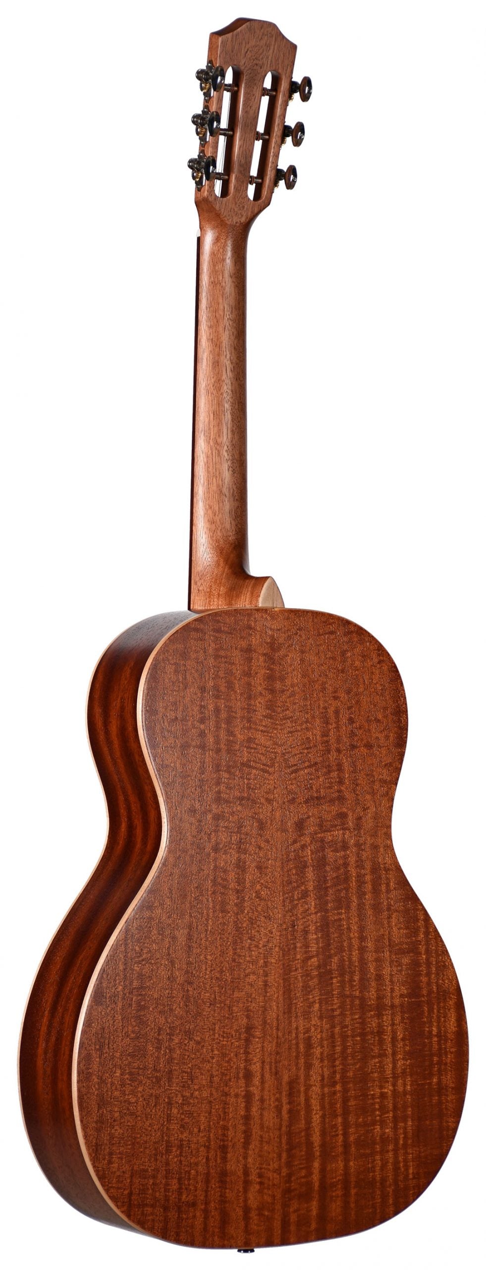The image shows the back and side of a classical guitar made from warm-toned wood with visible grain, likely mahogany. It features a traditional wide neck and body, six black tuning pegs in a 3+3 arrangement, an elegant slotted headstock, and light-colored binding along the edges. The polished finish highlights the wood’s natural beauty, suggesting a well-crafted, mid to high-end instrument suited for classical and fingerstyle playing.