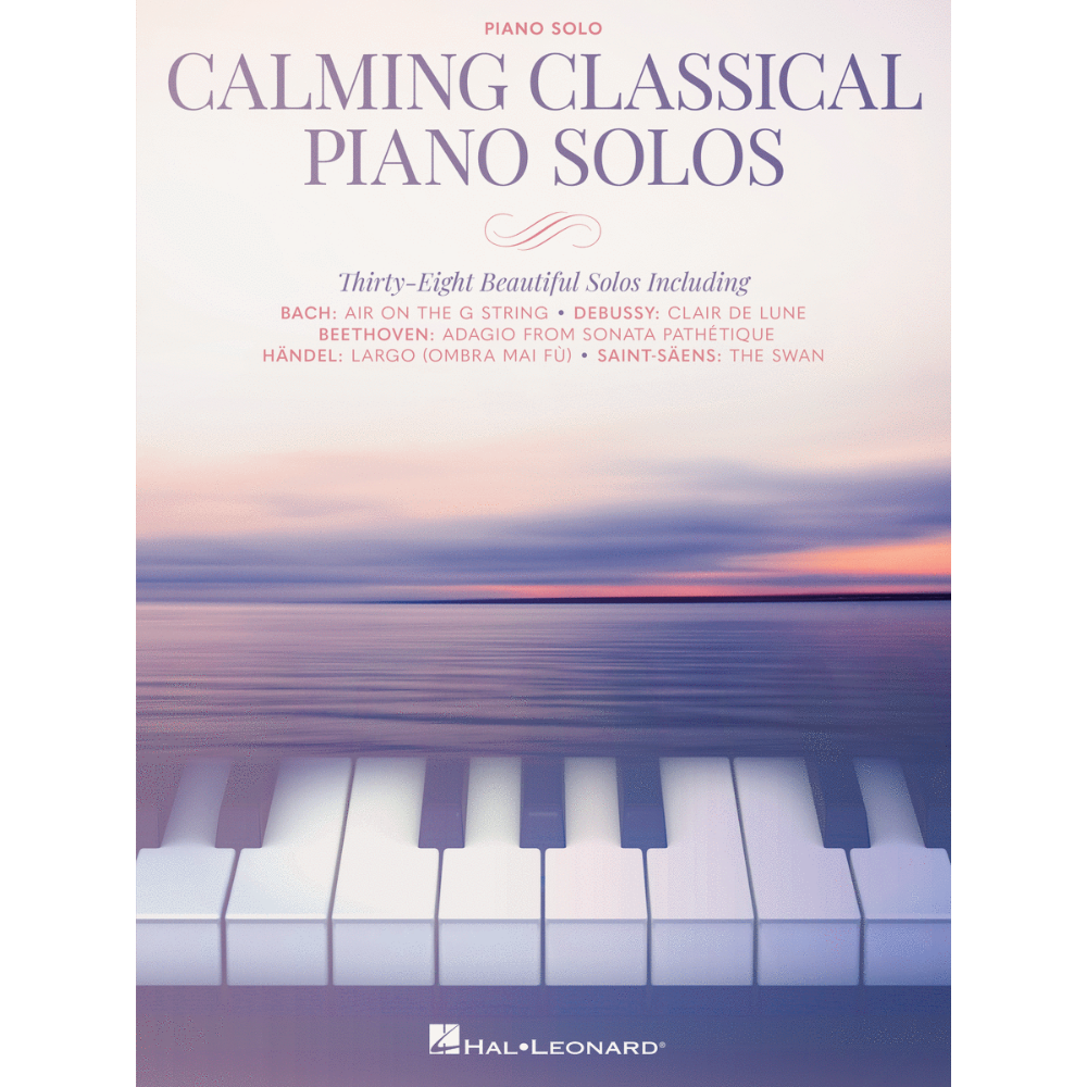 The image shows the cover of a piano music book titled "Calming Classical Piano Solos," published by Hal Leonard. It features 38 relaxing classical solo pieces by composers like Bach, Debussy, Beethoven, Handel, and Saint-Saëns. The design blends piano keys with a serene purple-pink twilight water scene, reflecting the calming theme. This book targets intermediate to advanced pianists seeking well-known peaceful classical music.