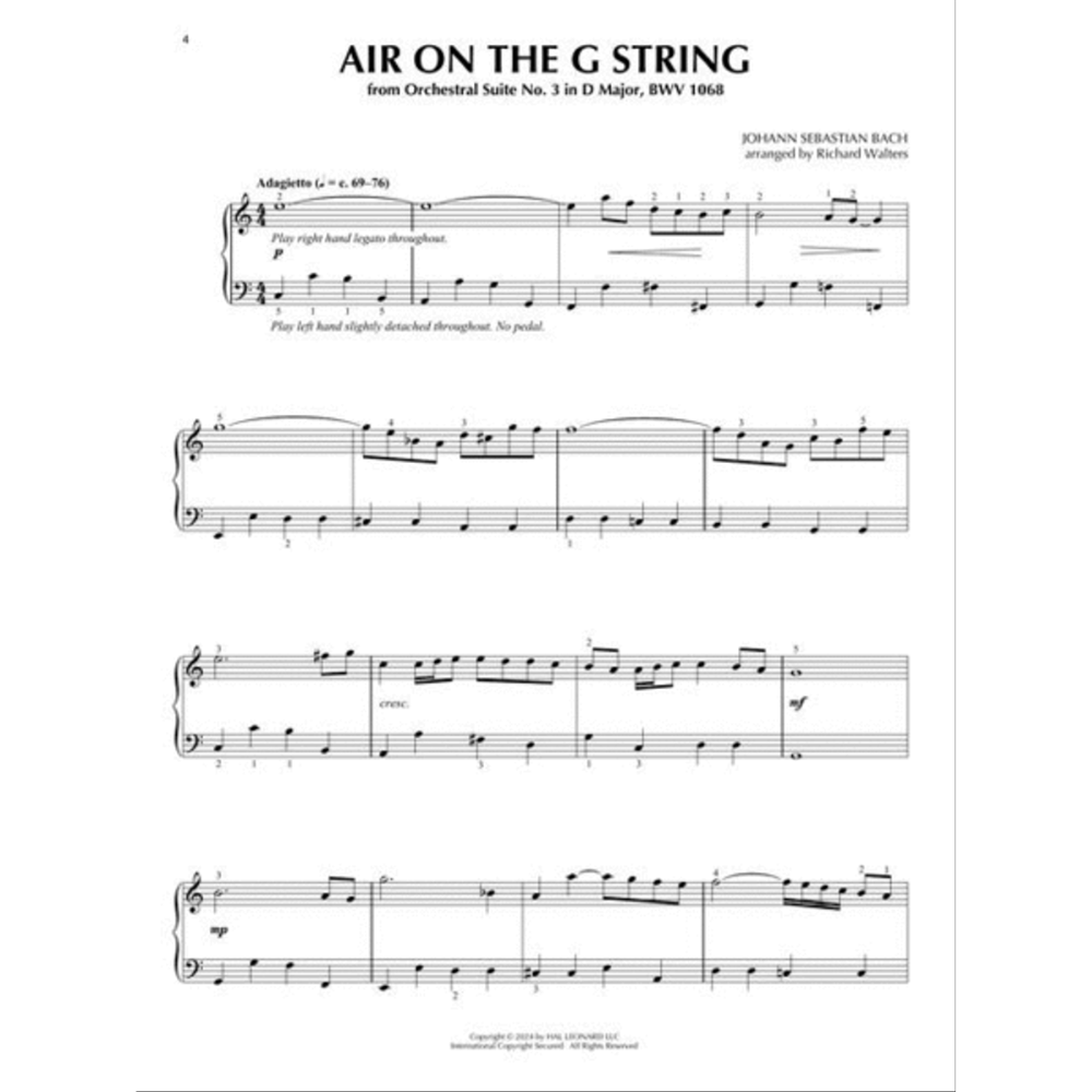 The image shows sheet music for "Air on the G String" by J.S. Bach, arranged for piano by Richard Walters. It features treble and bass clefs, a 4/4 time signature, and the tempo marking "Adagietto." Performance notes include legato right hand and slightly detached left hand with no pedal. The score includes dynamics, fingering, slurs, and ties, highlighting the flowing melodic line of this classic piece.