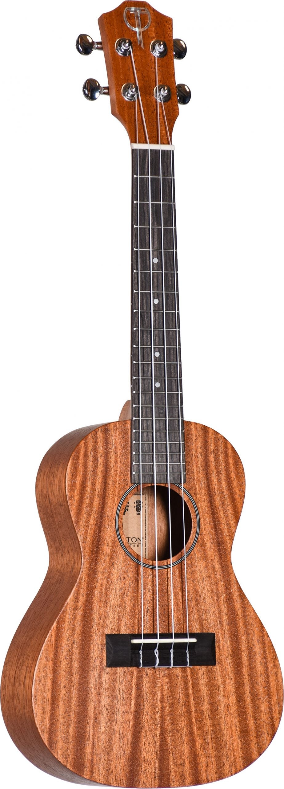 The image shows a beautiful concert or tenor ukulele with a natural wood finish highlighting striking mahogany or koa grain. It features four nylon strings, a dark wood fretboard with white inlays, chrome tuning pegs, a black tie-bar bridge, and a round sound hole with a decorative rosette. The instrument has a traditional shape and a clean, professional appearance, suggesting quality craftsmanship and warm, resonant tone.