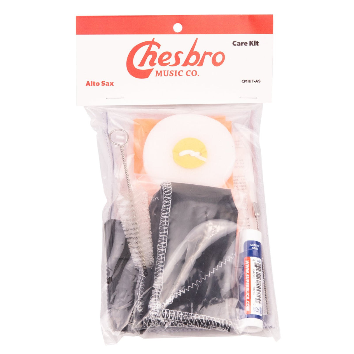 The image shows the Chesbro Music Co. Care Kit for Alto Saxophone (model CMKIT-AS), a maintenance set for cleaning and caring for alto saxophones. It includes cleaning swabs, brushes, a polishing cloth, small bottles likely for solutions or cork grease, and other saxophone-specific tools, all packaged in a clear plastic bag. This kit helps saxophonists keep their instrument clean and in good playing condition.