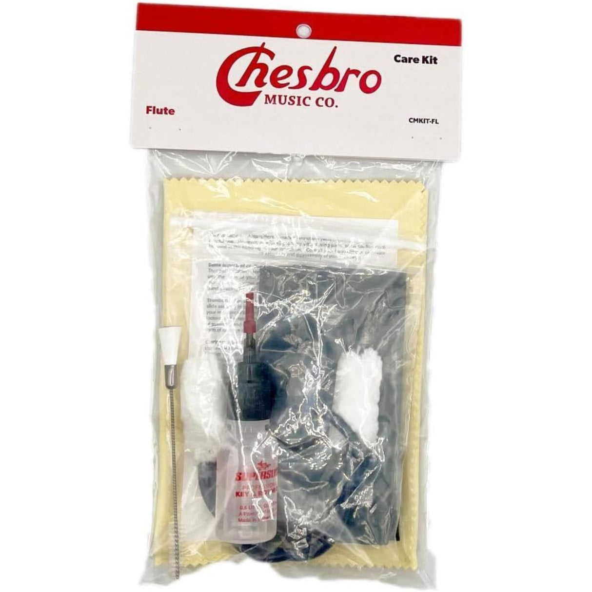 The image shows a Chesbro Music Co. flute care kit labeled "CMKIT-FL," designed for flute maintenance. The package includes a cleaning cloth, a cleaning rod or swab, various smaller care items, and instructions. This kit provides essential tools to keep flutes clean, preserve their finish, and maintain smooth mechanics for optimal performance.
