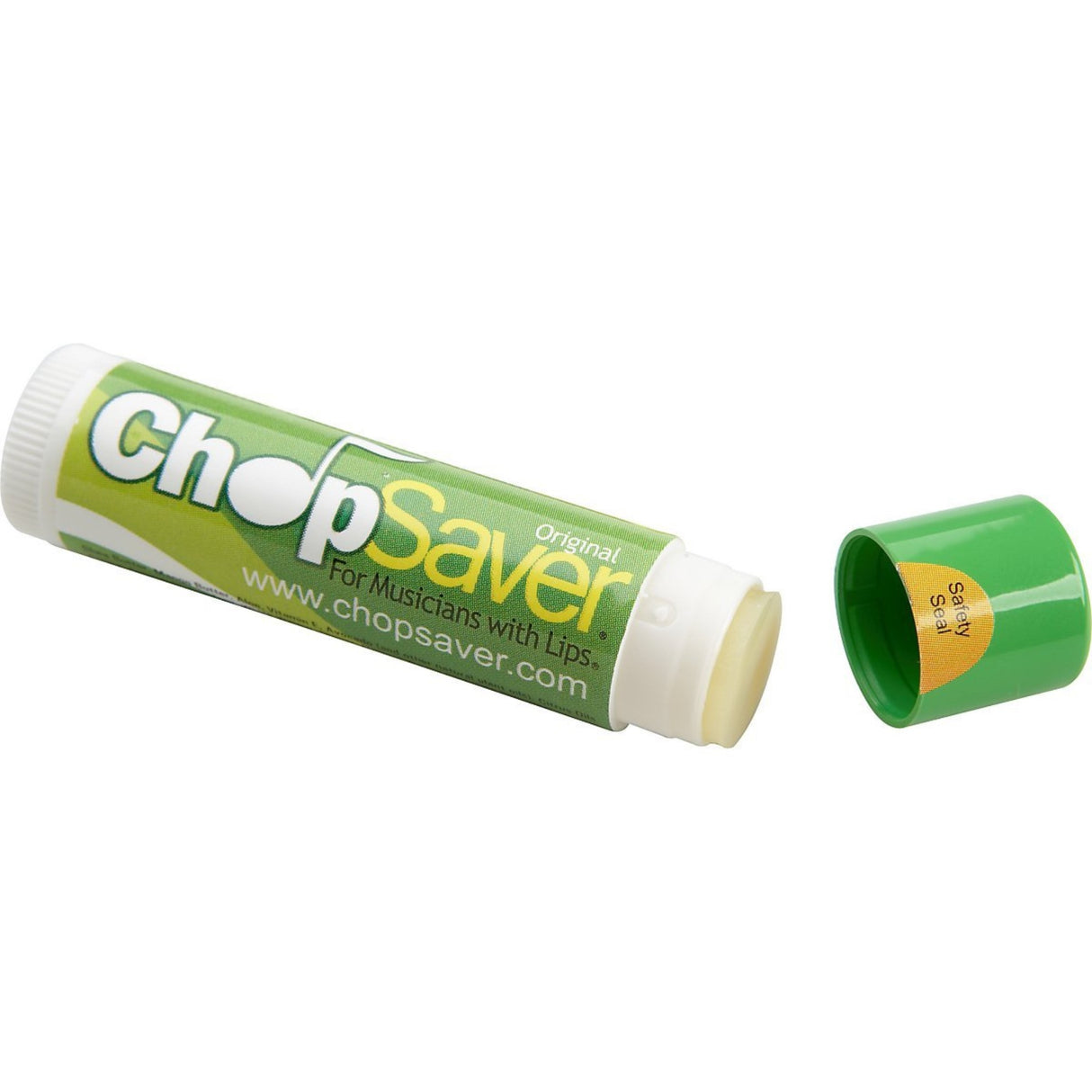 The image shows a green and white tube of ChopSaver Original, a lip balm designed for wind instrument musicians. It’s marketed "For Musicians with Lips" and helps prevent dryness and chapping from playing brass and woodwind instruments like trumpet, clarinet, and saxophone. The stick-style tube features the website www.chopsaver.com and is named after "chops," a term for embouchure skill.