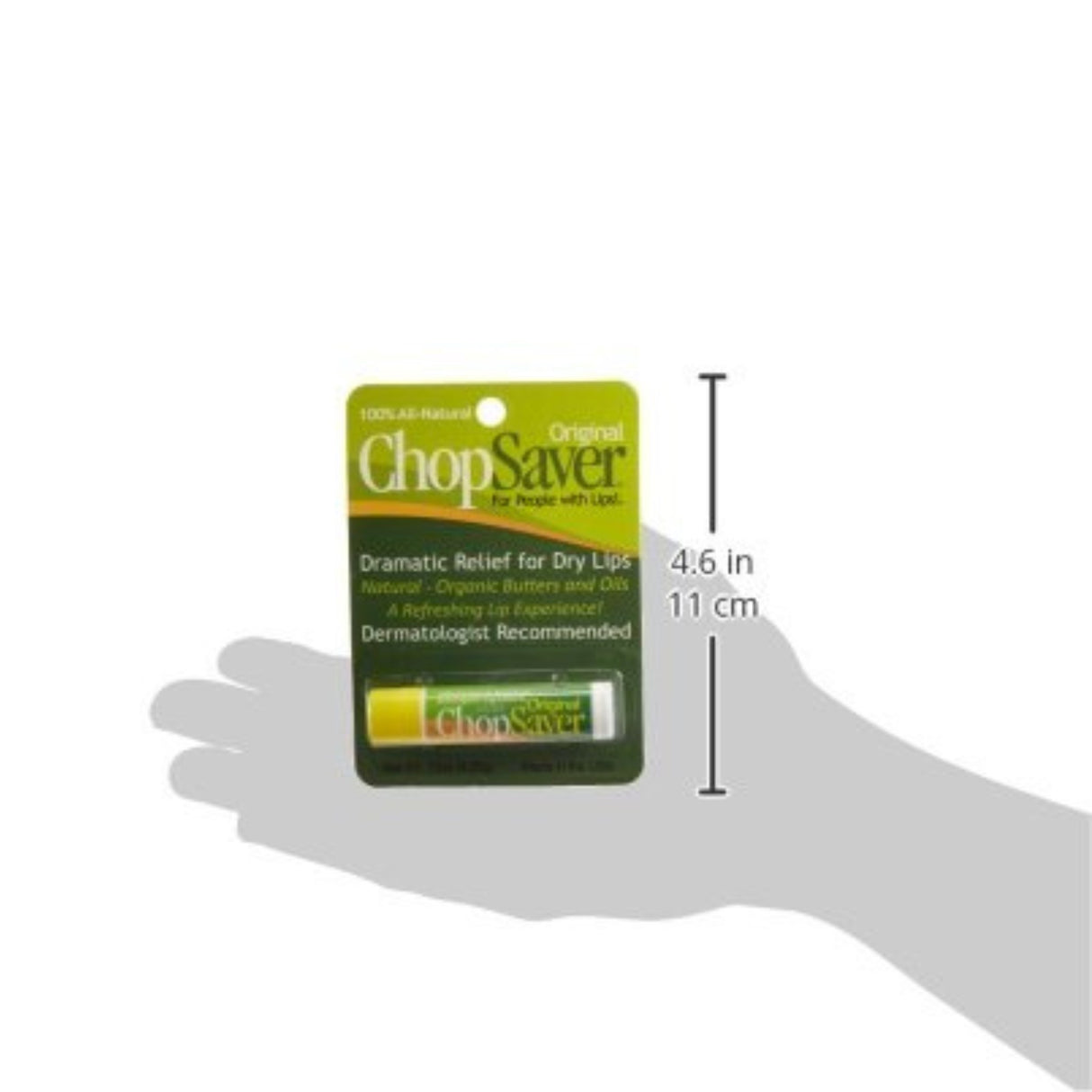 The image shows ChopSaver lip balm, a 100% all-natural, dermatologist-recommended product designed for wind instrument players. It provides relief for dry, chapped lips caused by playing brass and woodwind instruments. The balm comes in a standard 4.6-inch tube, ideal for carrying in instrument cases or pockets. "ChopSaver" refers to protecting a musician's embouchure, or "chops."