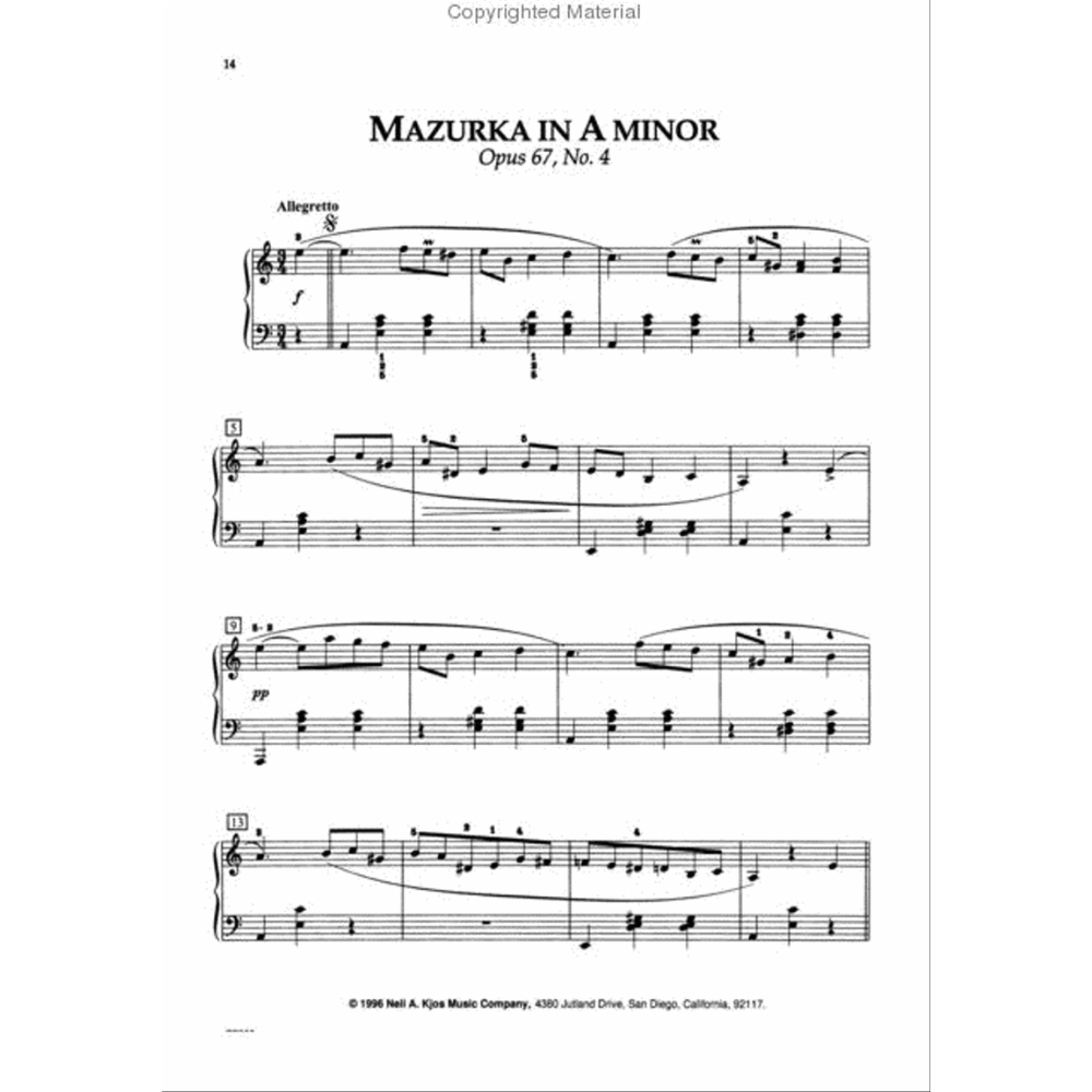 The image shows a page of sheet music for "Mazurka in A minor, Op. 67, No. 4," a classical piano piece likely by Chopin. It features standard notation on a grand staff, the tempo marking "Allegretto," dynamics like forte and pianissimo, measure numbers, slurs, accidentals, and rhythmic patterns typical of a mazurka. The page is from a published book, marked page 14, with a copyright notice and watermark.