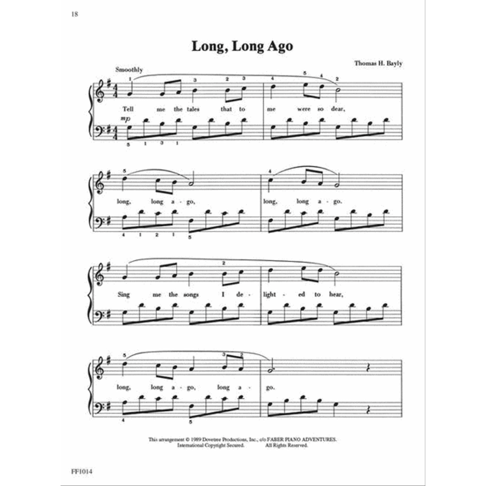 The image shows a page of sheet music for "Long, Long Ago" by Thomas H. Bayly, arranged for piano in D major (two sharps) and 4/4 time. It features treble and bass clefs with melody and lyrics including phrases like "long, long ago." Marked "Smoothly" with mezzo-piano dynamics, it includes fingering numbers. A copyright notice from 1999 by Dovetree Productions appears at the bottom, with page number 18 and code FF1014.