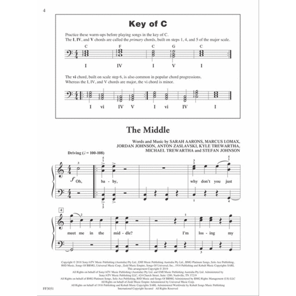 The image shows printed sheet music featuring a "Key of C" music theory section with chord progressions and warm-up exercises. It includes piano notation for the song "The Middle" in 4/4 time with a tempo of ♩=100-108, displaying treble and bass clefs, lyrics beneath the notes, and copyright details at the bottom, indicating it’s from an official music book or songbook.