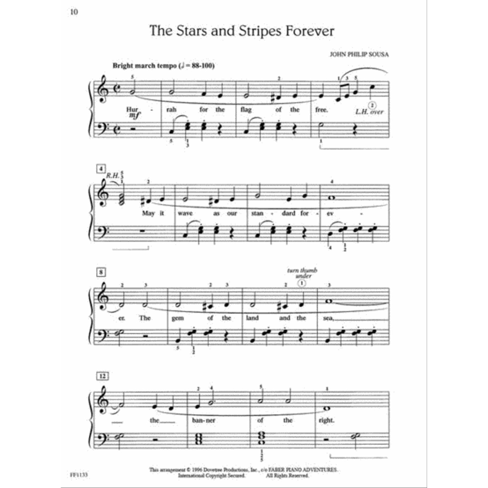 The image shows sheet music for "The Stars and Stripes Forever" by John Philip Sousa, arranged for piano. It features the title, composer, tempo marking, four systems of music with treble and bass clefs, lyrics beneath the melody, measure numbers, performance markings, and 1996 copyright info. The simplified arrangement and lyrics suggest it’s from an educational piano method book.