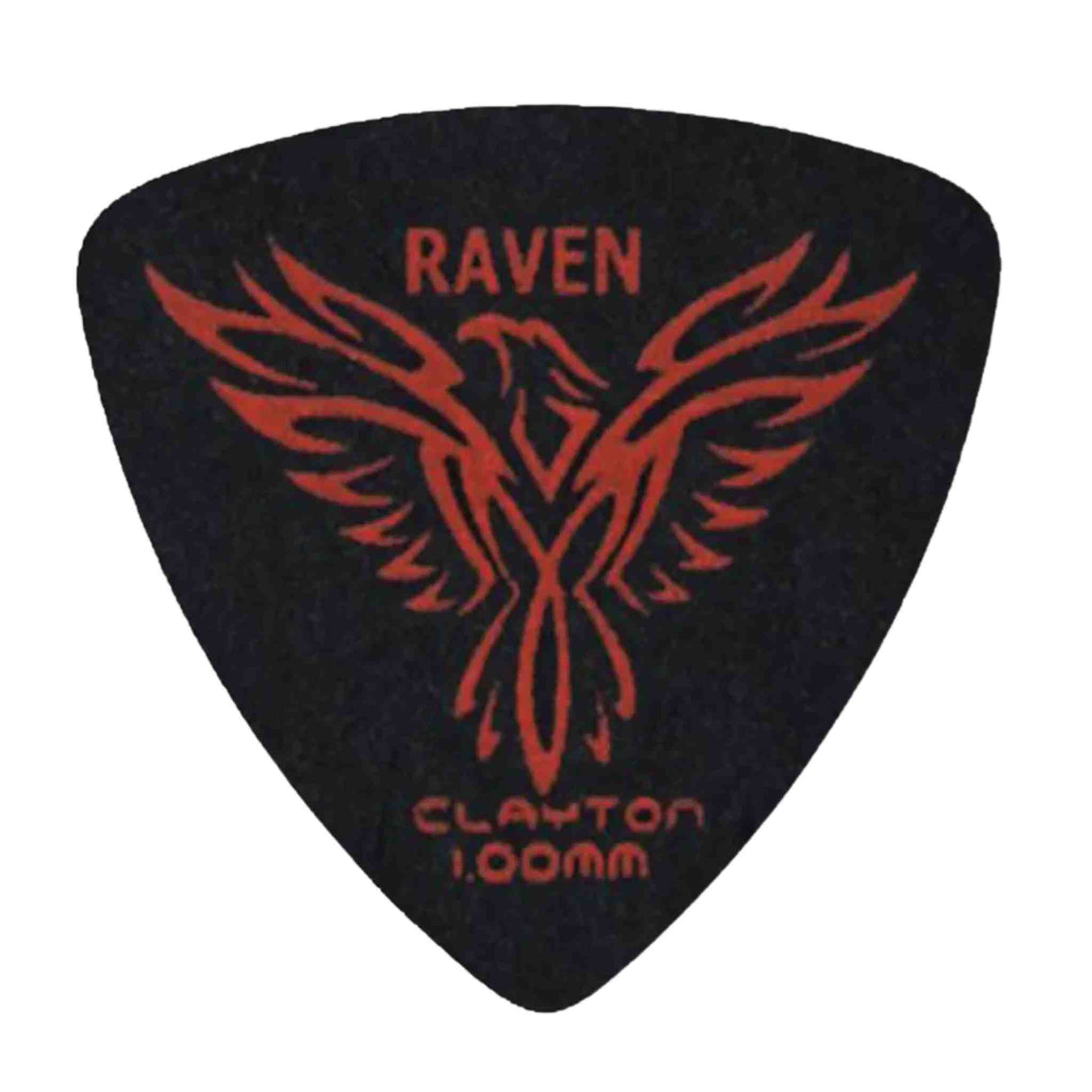 The image shows a Clayton guitar pick with a black background and red graphics. It features "RAVEN" text at the top, a stylized raven or phoenix with spread wings in the center, "CLAYTON" branding at the bottom, and a "1.00mm" thickness label. This heavy gauge pick from Clayton's Raven series has a bold, rock-inspired design popular among guitarists.