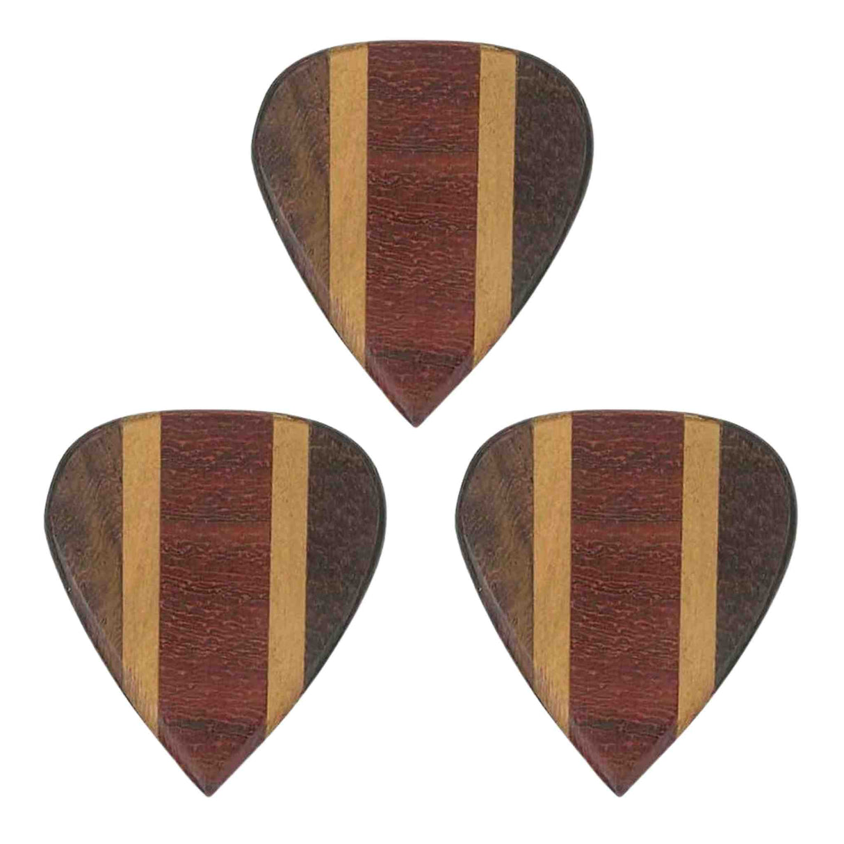 The image shows three premium wooden guitar picks made from laminated wood with layered, striped patterns. They feature alternating dark and light wood strips, likely walnut or ebony and maple or birch. These artisanal picks have smooth edges and polished finishes, offering both aesthetic appeal and a warmer tone favored by acoustic players and collectors.