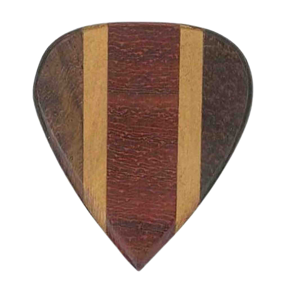 The image shows a handcrafted wooden guitar pick with a laminated design featuring a reddish-brown center, lighter wood strips on the sides, and darker edges. Its distinctive striped pattern highlights different wood types, making it a premium accessory valued for natural materials, warm tone, comfortable feel, and unique aesthetics that blend musical function with artisanal craftsmanship.