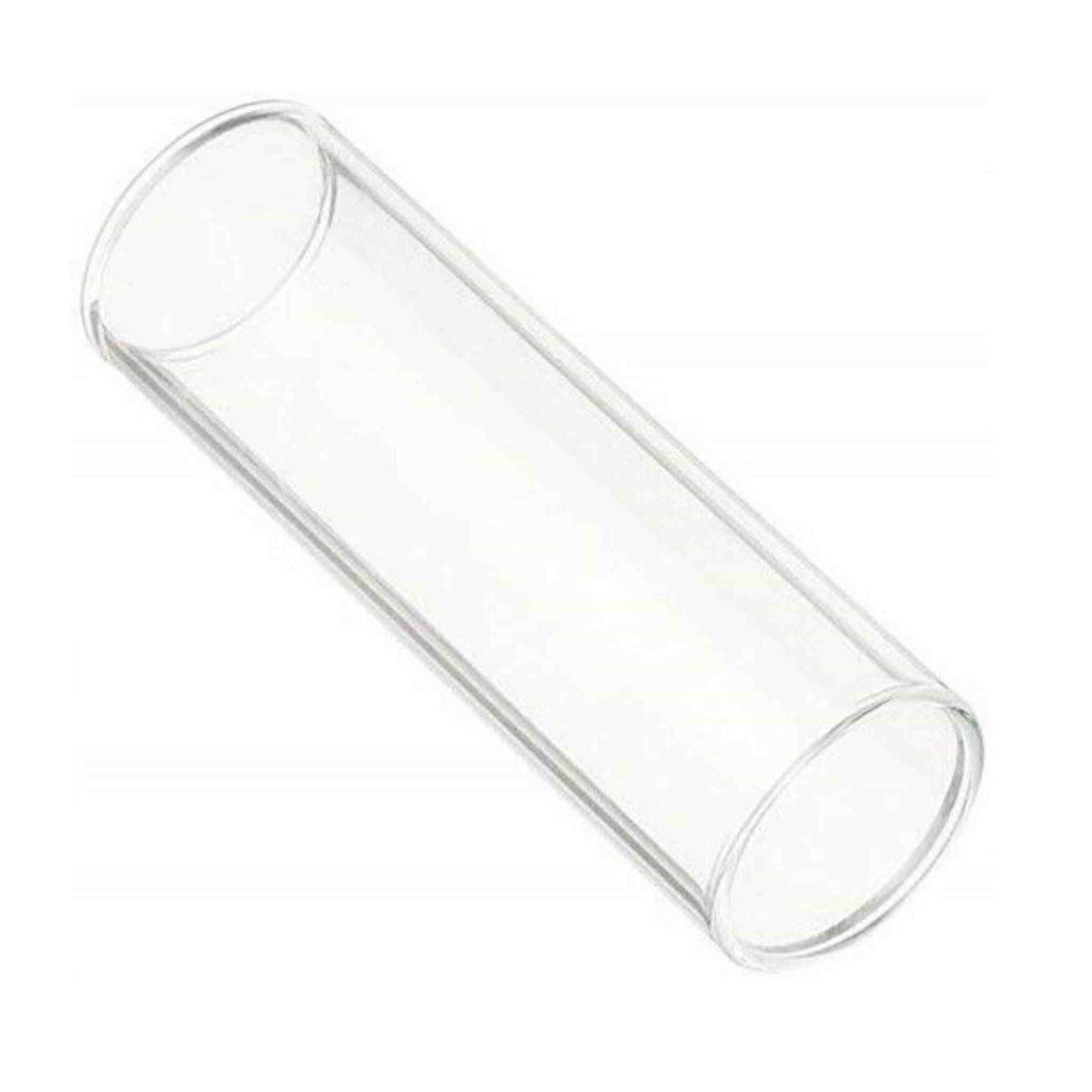 The image shows a clear glass guitar slide, a cylindrical tube worn on a finger to glide along guitar strings. Used in blues, country, and rock, it creates smooth, sliding tones by producing distinctive “crying” sounds. Guitar slides come in various materials like glass, metal, ceramic, and bone. This classic glass design offers a warm tone and easy control for slide guitar playing.