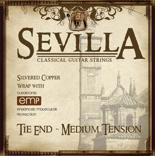 The image shows the packaging for Sevilla Classical Guitar Strings, featuring a vintage cream background with ornate borders and an architectural illustration of a Spanish building. It highlights medium tension silvered copper strings with Cleartone Temp enhanced molecular protection, suggesting premium quality and durability with a classical Spanish design theme.