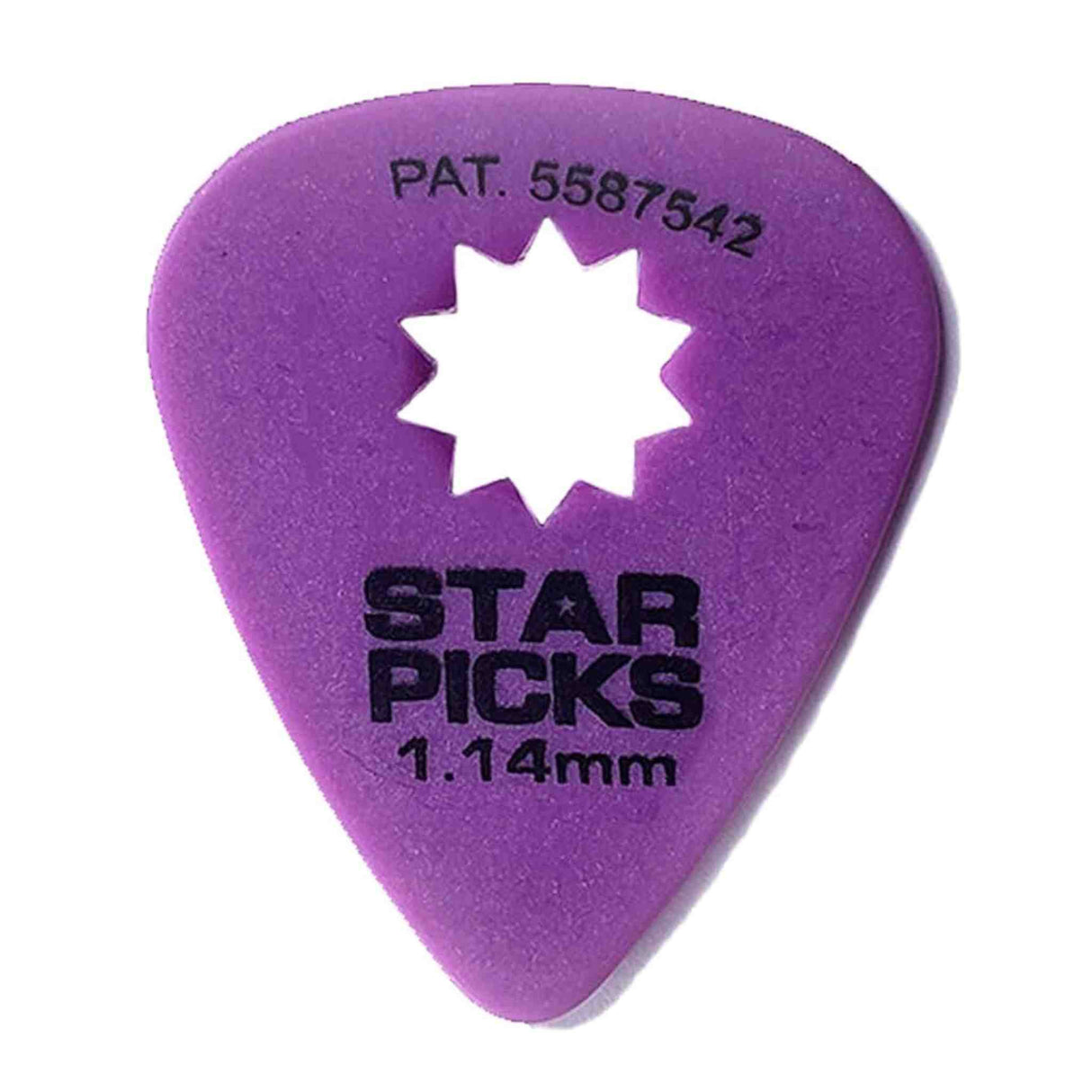 The image shows a purple "Star Picks" guitar pick with a 1.14mm thickness. It features a black "STAR PICKS" logo, a white star-shaped cutout in the center, and the patent number PAT. 5587542 at the top. The star-shaped hole enhances grip, weight, and tone, offering a unique feel compared to traditional picks. This medium-heavy plectrum is designed for guitarists to pluck or strum strings.
