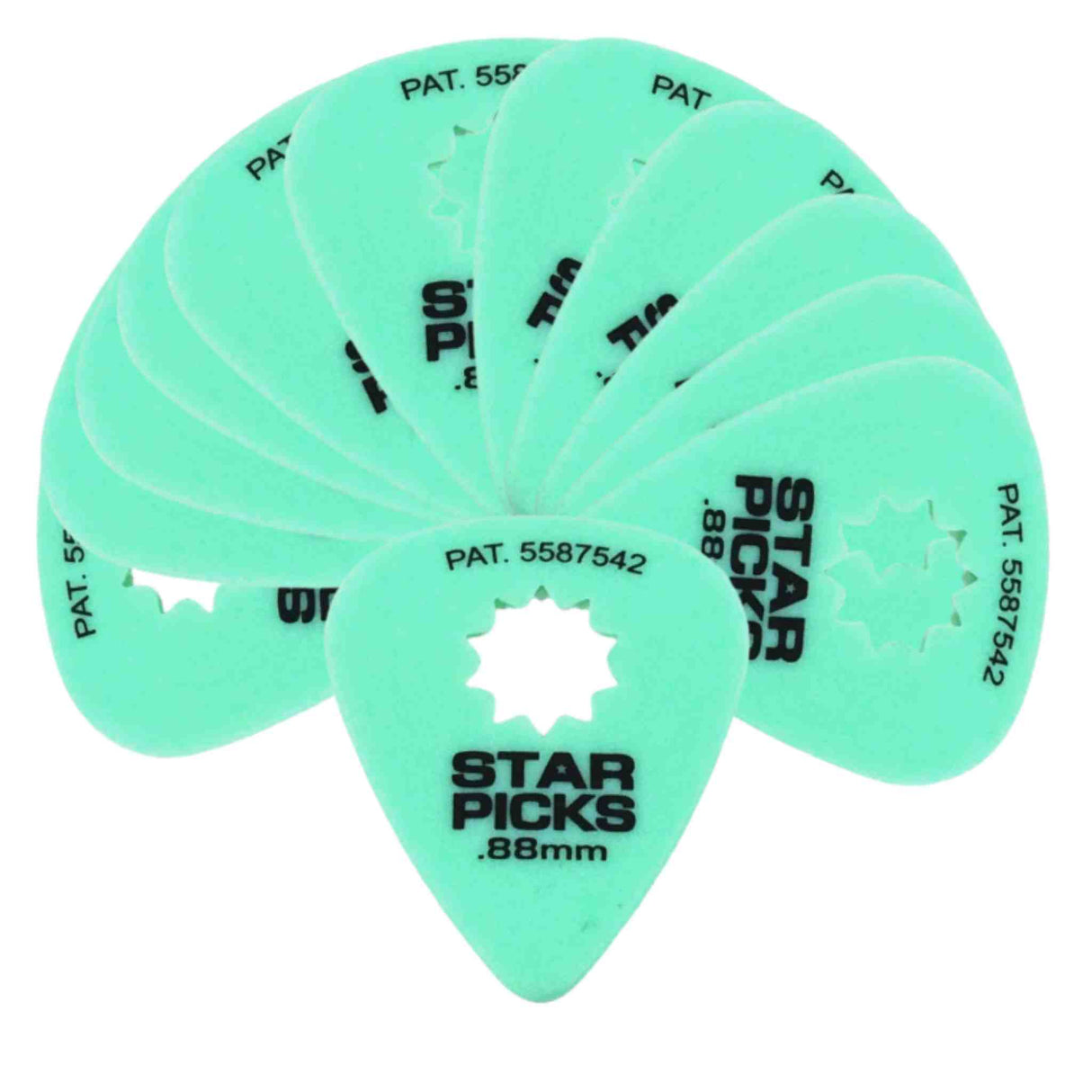 The image shows a fan of mint green Star Picks guitar picks, each marked ".88mm" thickness and patent numbers like "PAT. 5587542." They feature a central star-shaped cutout for grip. This set of medium-thickness picks is a common multi-pack guitar accessory designed for strumming or picking strings.
