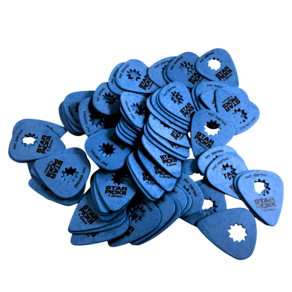 The image shows a pile of blue Everly Music Star Picks, each with a distinctive star-shaped cutout in the center. These 1.0mm thick picks feature the Everly logo and "STAR PICK" text, and are made of blue plastic. The patented star-shaped hole provides a unique grip and can affect tone and attack by altering weight distribution. Everly is a recognized brand known for quality guitar accessories.