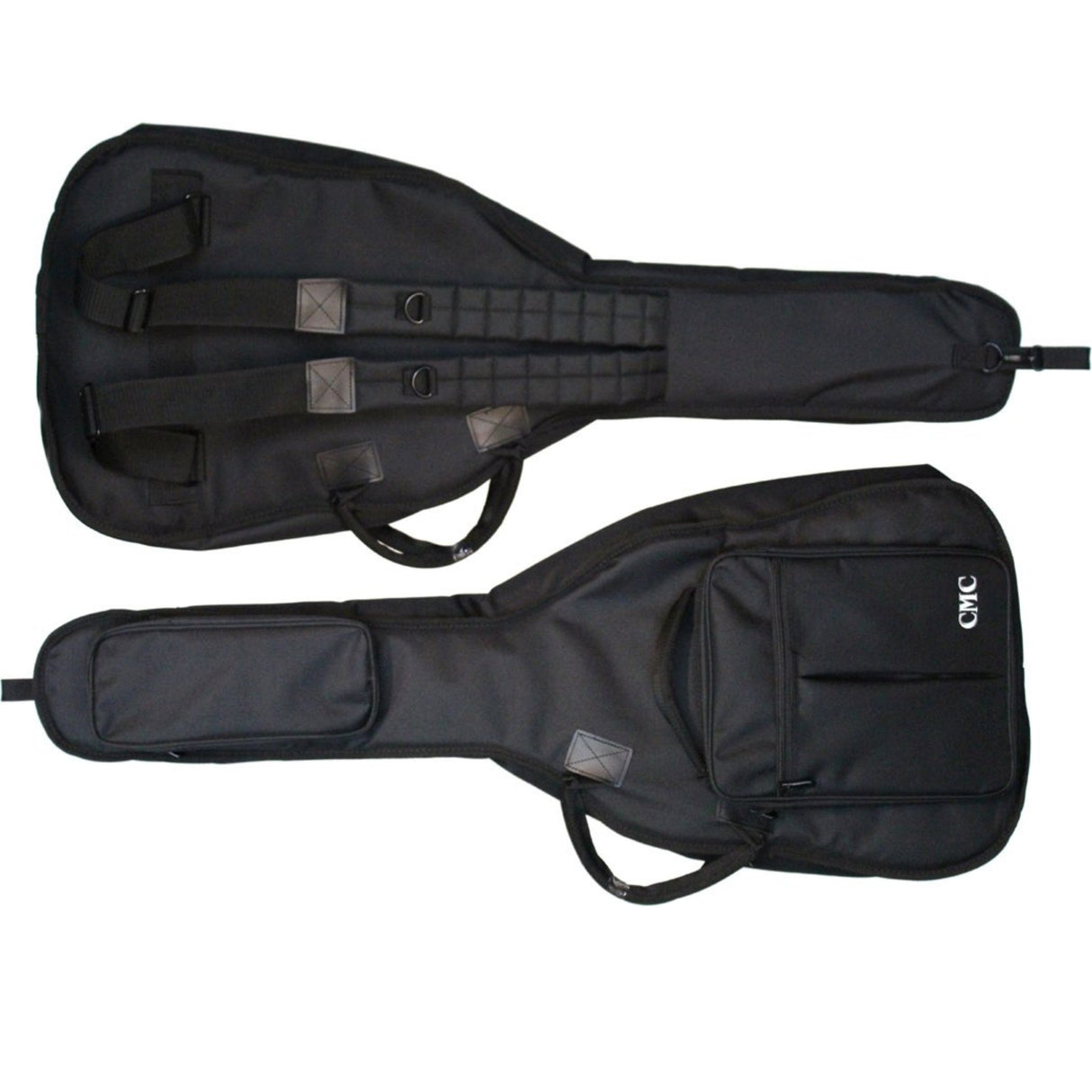 The image shows two black soft-shell guitar gig bags, one sized for an acoustic guitar and the other for an electric guitar or bass. Both bags have padded protection, external zippered pockets for accessories, carrying handles, and closure mechanisms likely using Velcro. One bag features "CMC" branding. These portable bags provide essential protection and convenient storage for musicians on the go.