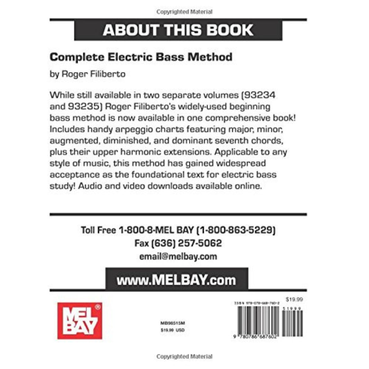 Back cover of a book titled 'Complete Electric Bass Method' by Roger Filiberto, featuring contact information and Mel Bay logo.