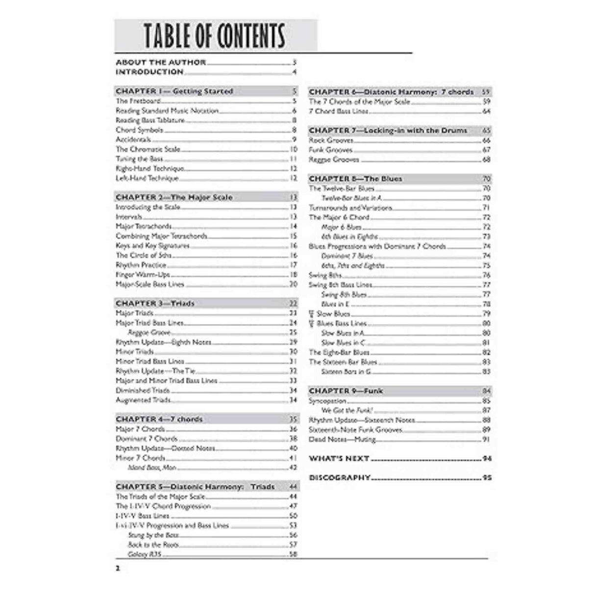 Table of contents for a music book called Beginning Electric Bass on a white background