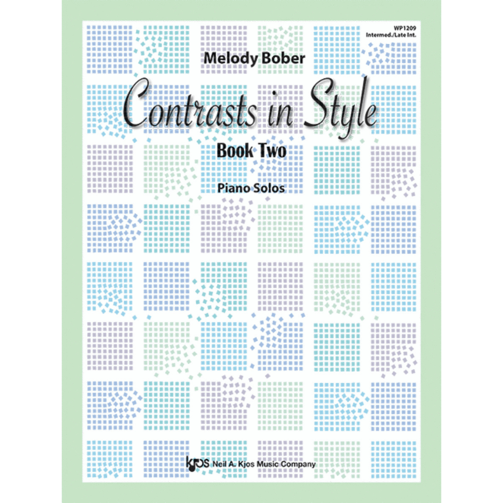 The image shows the cover of a piano music book titled "Contrasts in Style - Book Two" by Melody Bober, published by Neil A. Kjos Music Company. The cover features a modern geometric pattern of small blue, teal, and gray squares on a white background with a light green border. It indicates the book contains piano solos for intermediate to late intermediate players, with product code WP1209.