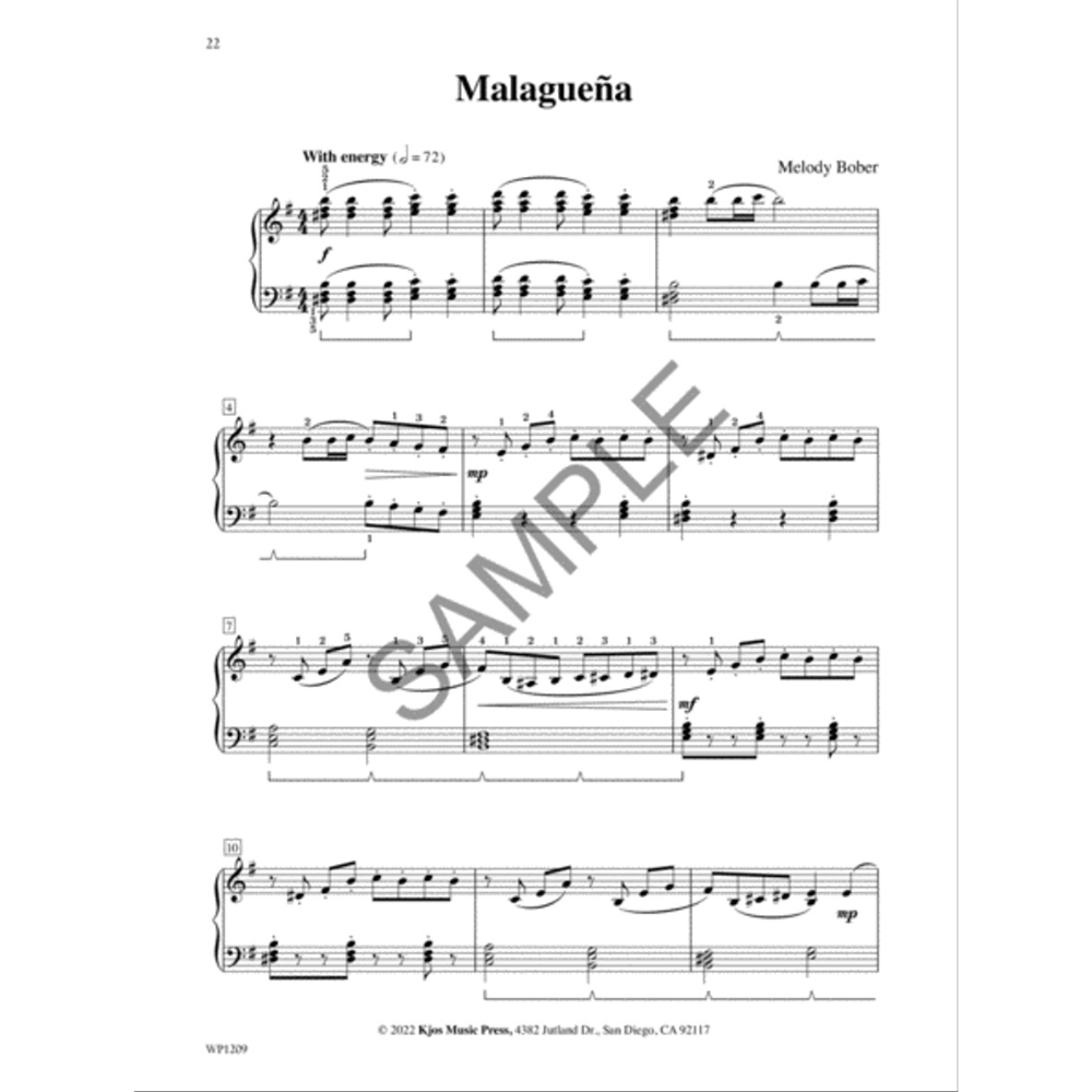 The image shows a page of piano sheet music titled "Malagueña" by Melody Bober (page 22). It features a 4/4 time signature, a minor key, tempo marking "With energy (♩=72)," and dynamic markings like f, mp, and mf. The grand staff includes pedal, fingering, and phrasing marks. Measures 1, 4, 7, and 10 are visible. Copyright 2022 by Kjos Music Press, catalog WP1230. A "SAMPLE" watermark is present.