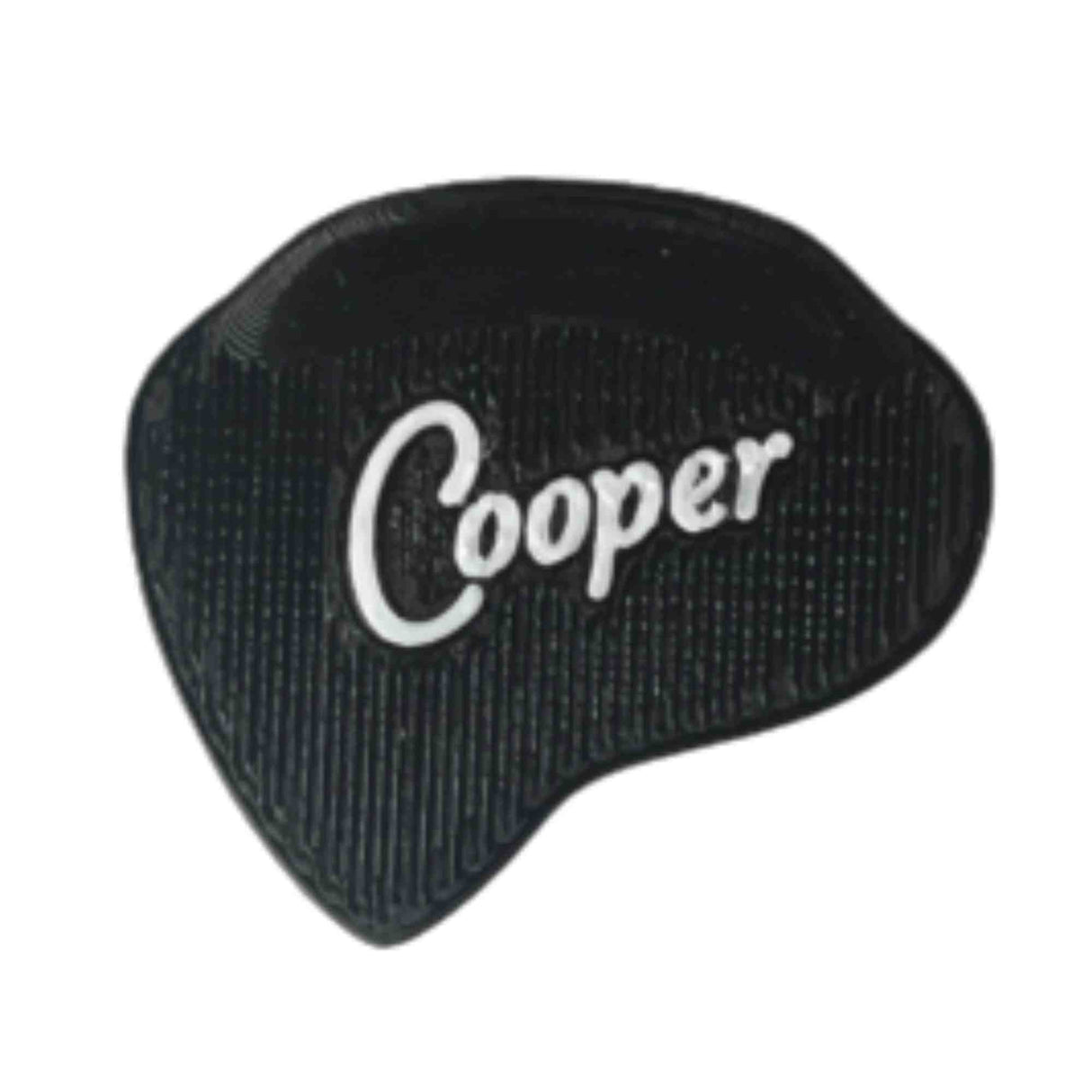 The image shows a black Cooper guitar pick with a textured, ridged surface for a non-slip grip. The white Cooper logo is centered on the teardrop-shaped pick. Designed for acoustic, electric, and bass guitars, its textured pattern helps prevent slipping during play, making it ideal for energetic performances or sweaty hands.