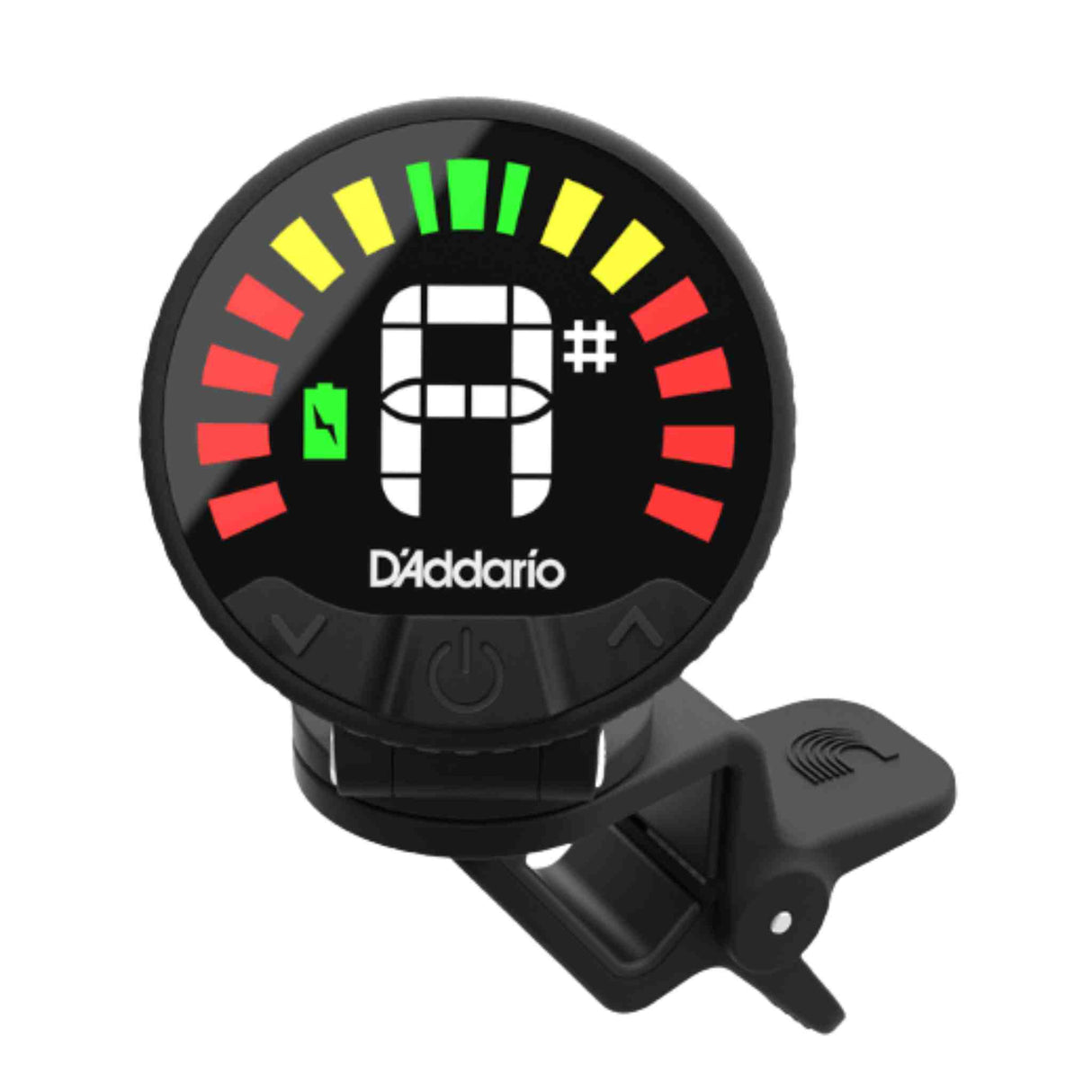 The image shows a D'Addario clip-on electronic tuner with a circular LED display indicating the note "A#" and tuning accuracy through red, yellow, and green segments. It features a green battery icon, the D'Addario logo, control buttons, and a black clip for attaching to instrument headstocks. This vibration-sensing tuner helps musicians easily tune guitars, basses, violins, and other stringed instruments.