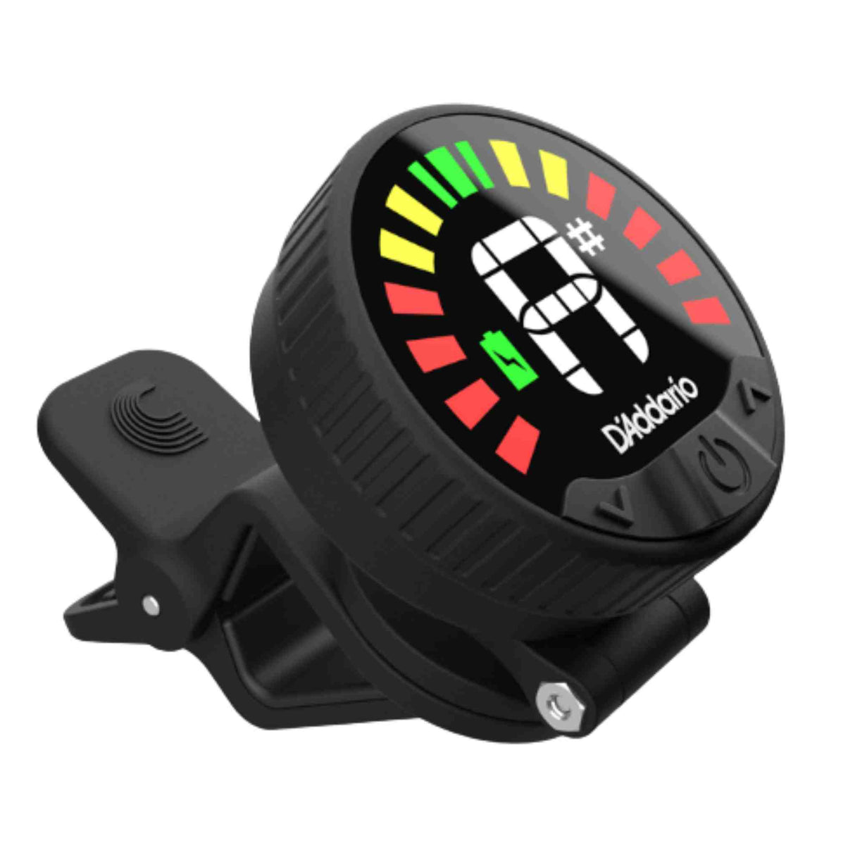 The image shows a D'Addario clip-on chromatic guitar tuner with a circular display featuring colorful LED indicators and "G#" note detected. It has a black plastic housing with the brand name, a spring-loaded clip for attaching to a guitar headstock, and side buttons for power and mode. The tuner displays pitch feedback using green, yellow, and red bars and picks up vibrations directly from the instrument.