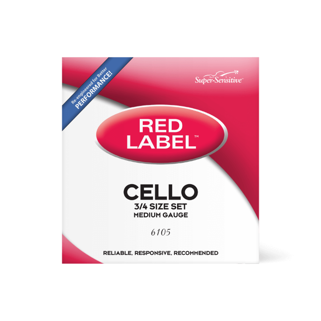 The image shows a package of Super-Sensitive Red Label cello strings, a full medium gauge set (product #6105) for a 4/4 cello. The packaging features red and white branding with "CELLO," "A4 SIZE SET," and "MEDIUM GAUGE" labels, a blue banner stating "REMARKABLE PERFORMANCE," and the tagline "RELIABLE, RESPONSIVE, RECOMMENDED." Red Label strings are favored by students and intermediate players for quality and affordability.