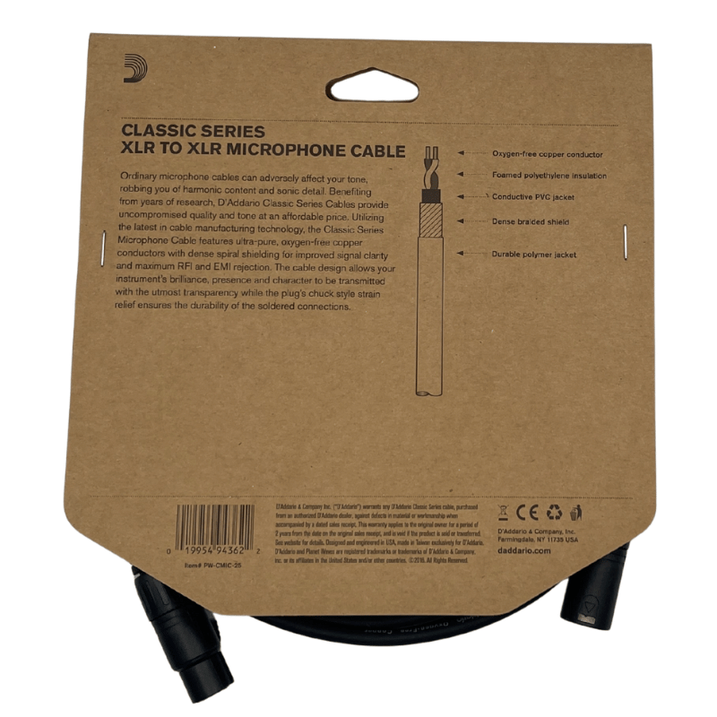 D'Addario Classic Series Microphone Cable, XLR Female to XLR Male - 25'
