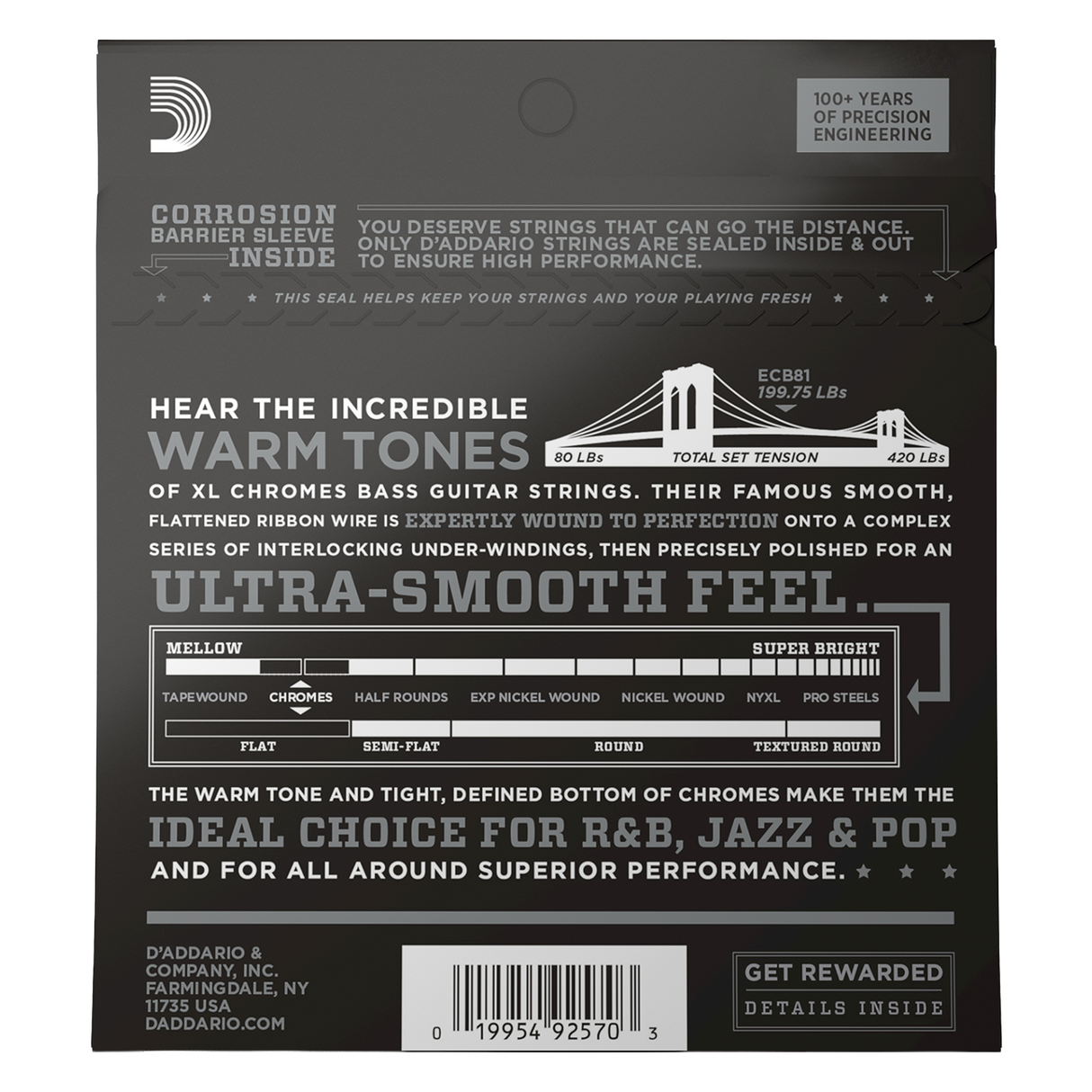 D'Addario ECB81 XL Chromes Flatwound Bass Guitar Strings - Regular Light (45-100) Long Scale