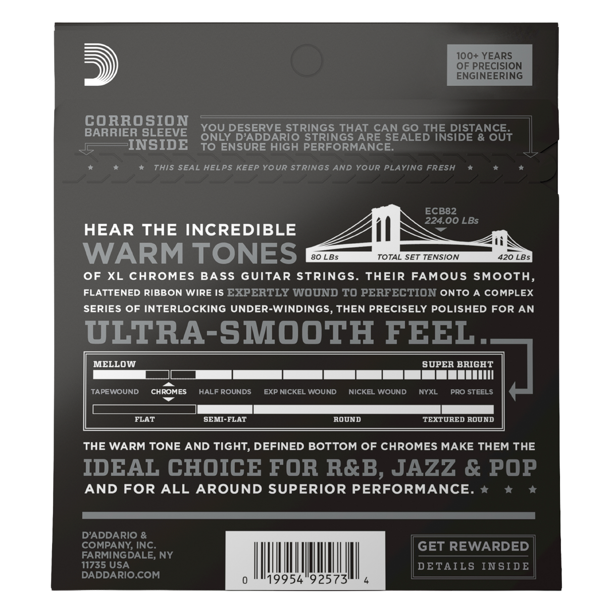 Backside of packaging for D'Addario ECB82 bass strings with product details