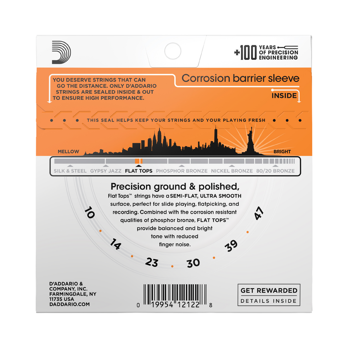 Backside of packaging for D'Addario EFT15 Flats acoustic guitar strings including product details