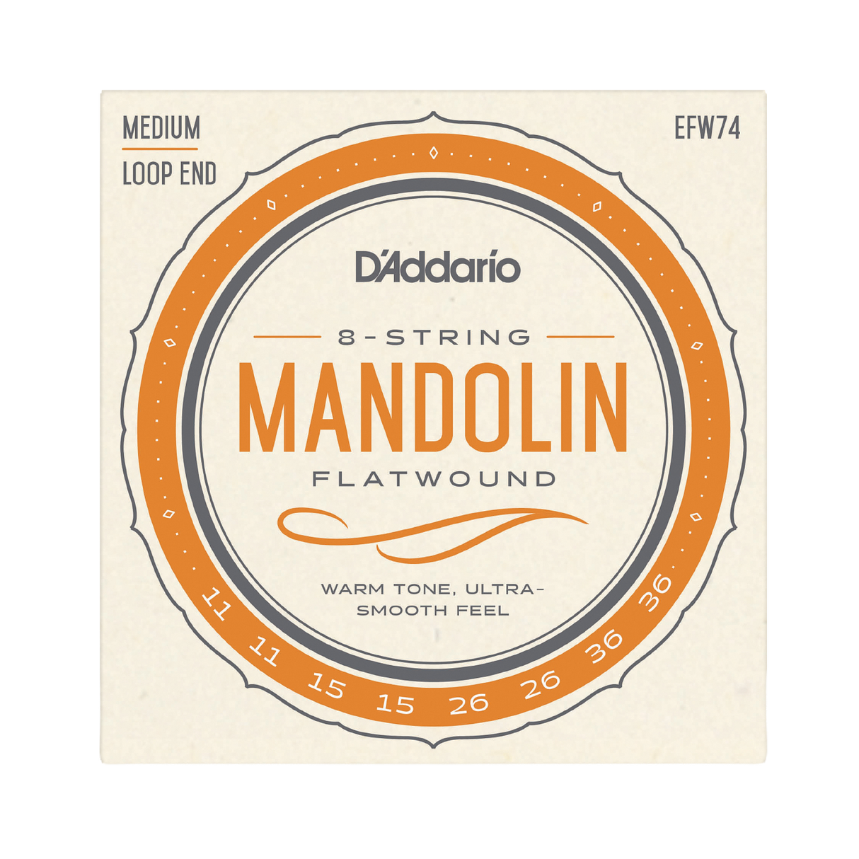 D'Addario 8-string mandolin flatwound string package, model EFW74, featuring warm tone strings with medium loop ends.