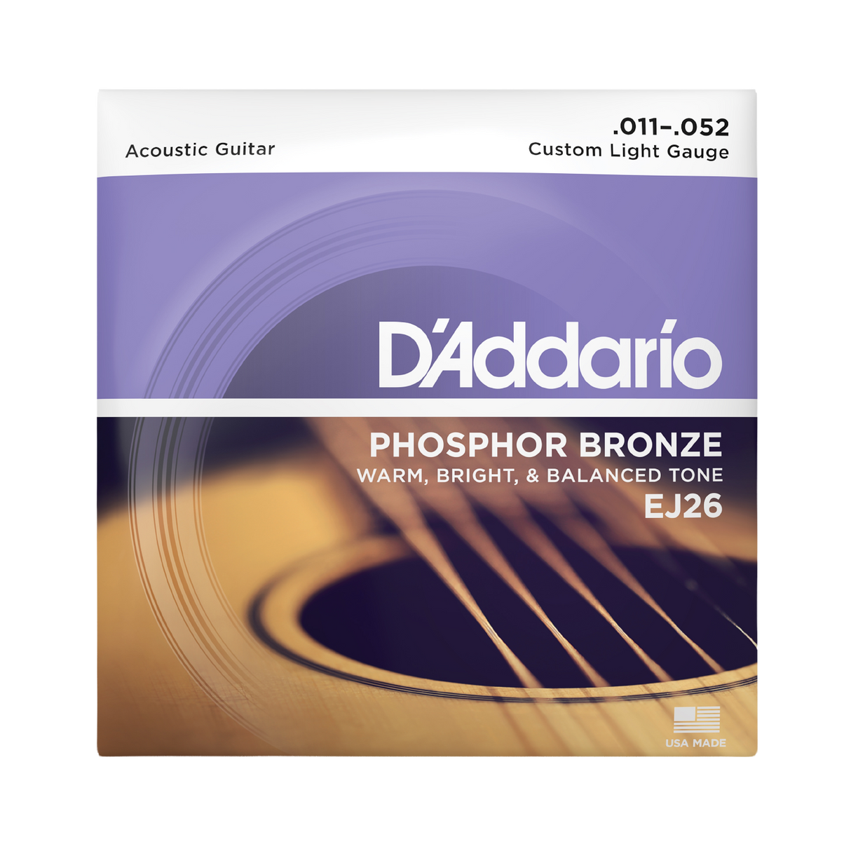 Packaging for D'Addario EJ26 guitar strings with brand details