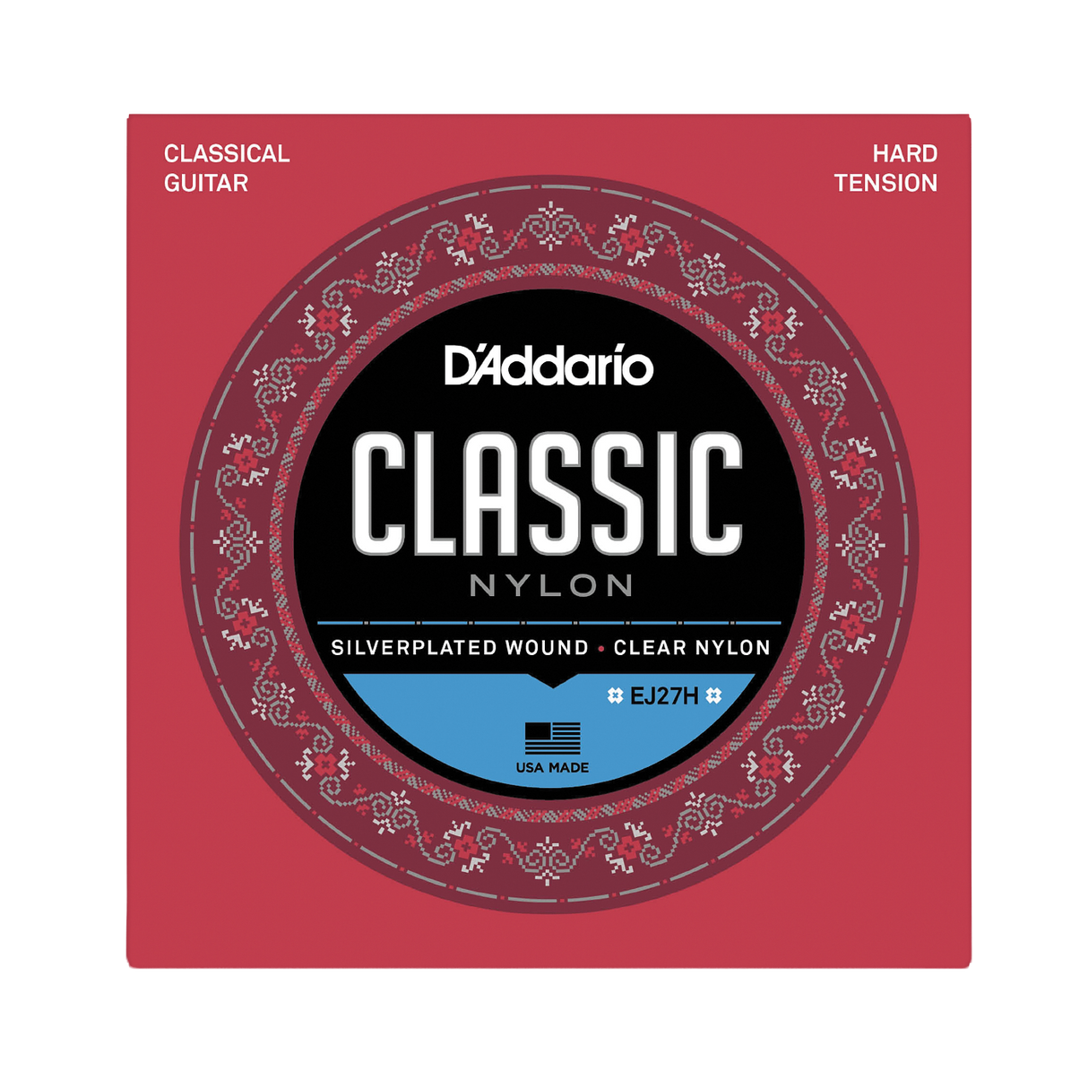 D'Addario Classic Nylon guitar strings package, EJ27H size, featuring a red square box with a circular black, white, and blue label.