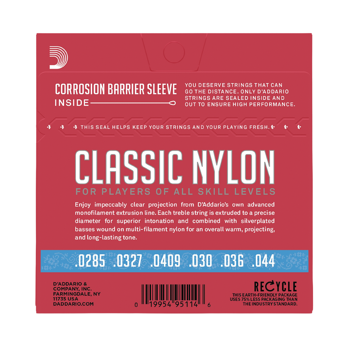 A square red product package for D'Addario Classic Nylon guitar strings, showing the string gauges