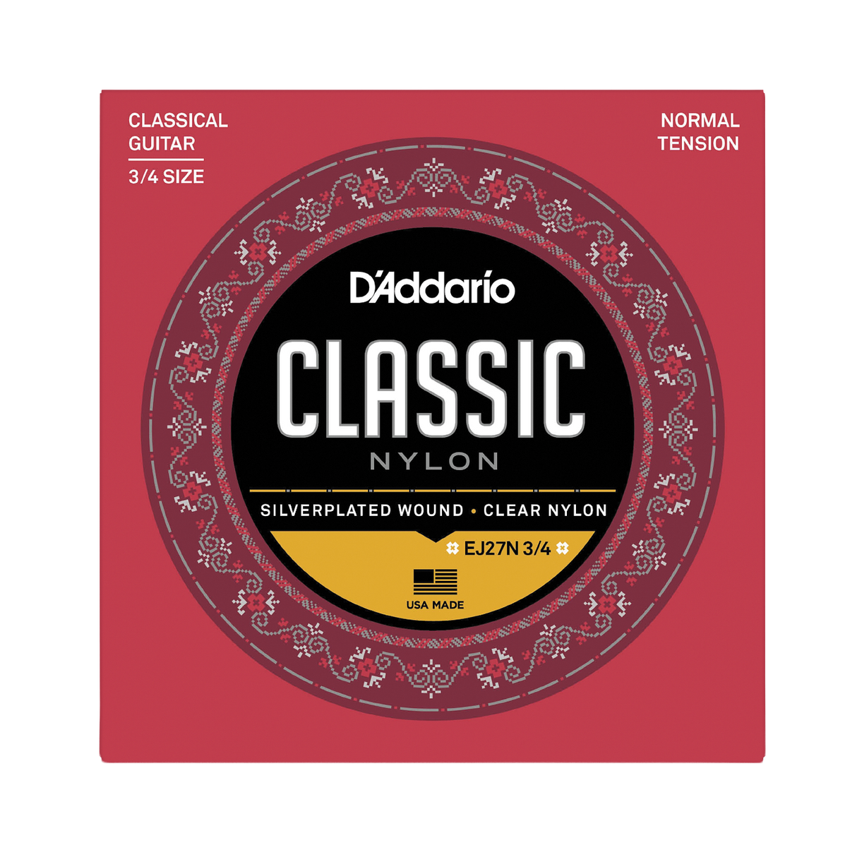 D'Addario Classic Nylon guitar strings 3/4 size package, featuring a red square box with a circular black, gold, and red label.