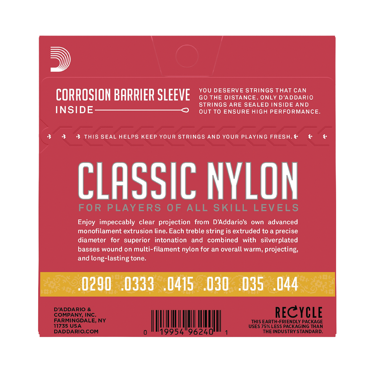 D'Addario Classic Nylon guitar string package back label, featuring a dark red background with white text, a gold strip showing string gauges, and a barcode at the bottom.