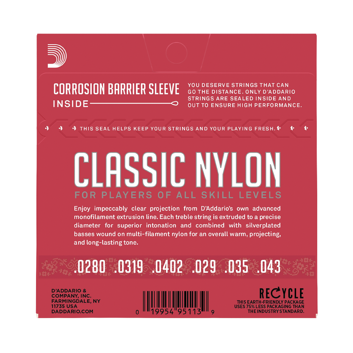 D'Addario Classic Nylon guitar strings packaging sleeve, featuring a red background with white text and product specifications.