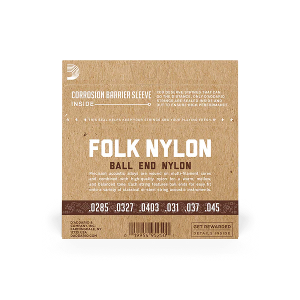 The backside of packaging for D'Addario EJ32 Folk Nylon strings with product details