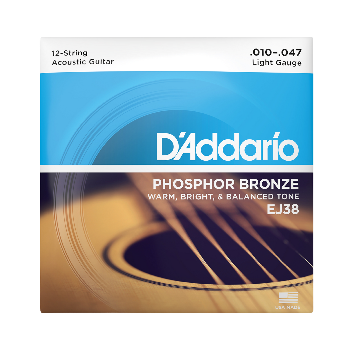 D'Addario EJ38 acoustic guitar string package, featuring a white, blue, and brown graphic design with text indicating light gauge phosphor bronze strings for a 12-string acoustic guitar.